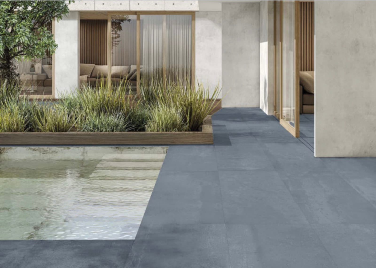 Terras met Aparici Urano Blue tegels in leisteen look