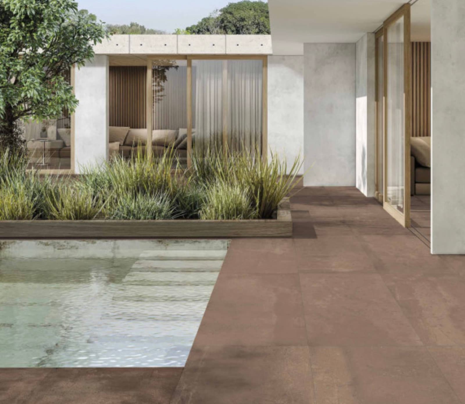 Terras met Aparici Urano Oxidum tegels in oxidatie look