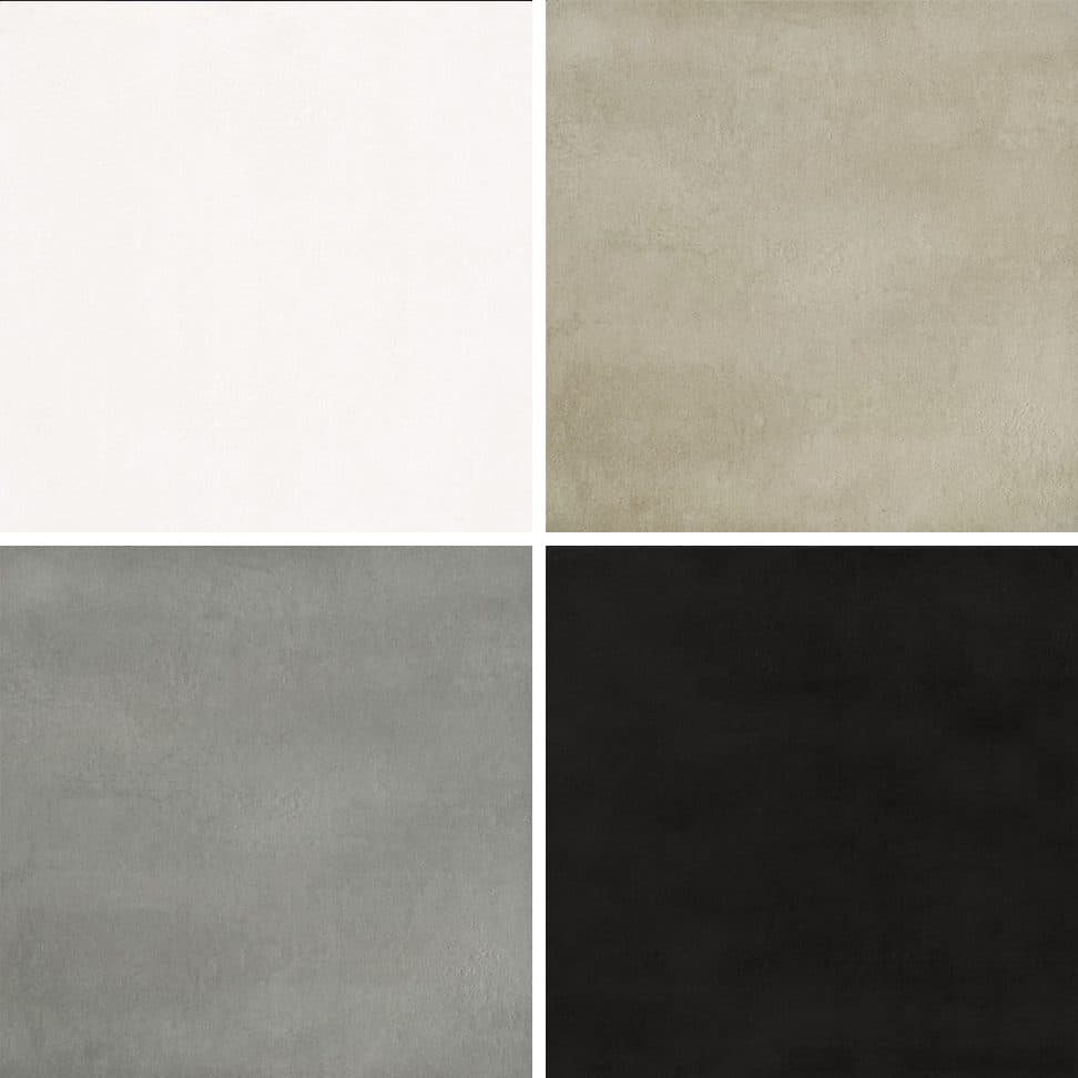 Gigacer tegels van 12 mm in vier kleuren: Pure, Rope, Grey en Black